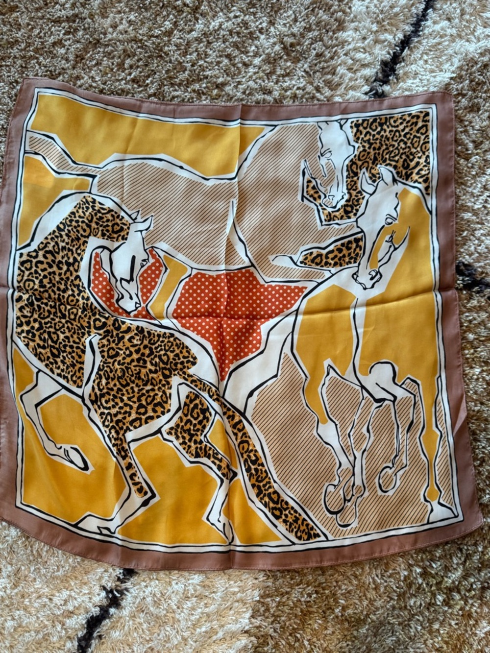 Graphic Equestrian Print Satin Scarf in Mustard, Tan & Rust